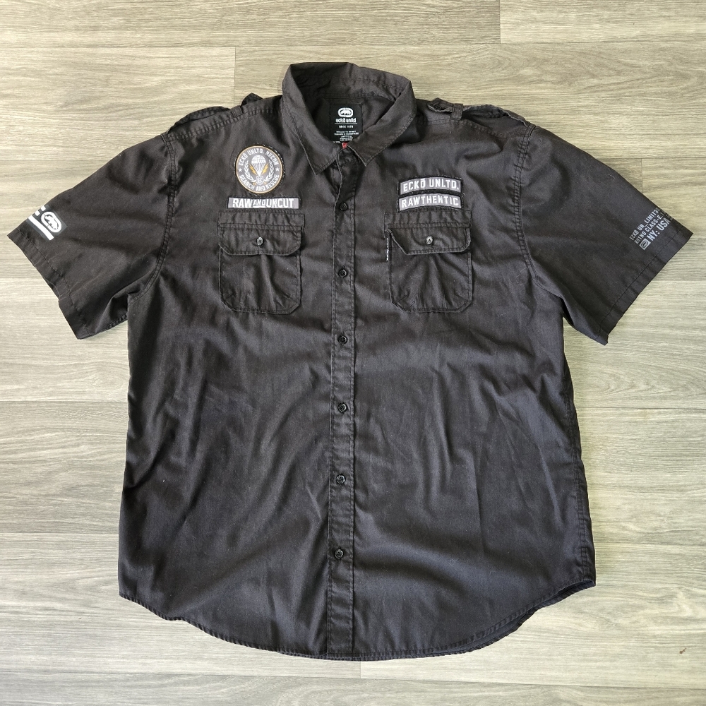 Ecko Unltd Dwyer Shirt Mens 2XL Black Hip Hop Raw And Uncut Search Rescue